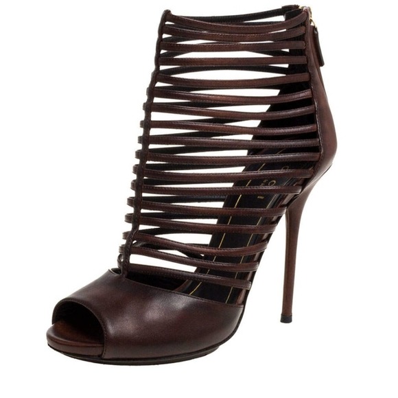 👉GUCCI Inga strappy brown leather peep toe booties - Picture 3 of 7
